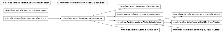 Inheritance diagram of mmirheo.ParticleVectors.ChainVector, mmirheo.ParticleVectors.DataManager, mmirheo.ParticleVectors.LocalObjectVector, mmirheo.ParticleVectors.LocalParticleVector, mmirheo.ParticleVectors.MembraneVector, mmirheo.ParticleVectors.ObjectVector, mmirheo.ParticleVectors.ParticleVector, mmirheo.ParticleVectors.RigidCapsuleVector, mmirheo.ParticleVectors.RigidCylinderVector, mmirheo.ParticleVectors.RigidEllipsoidVector, mmirheo.ParticleVectors.RigidObjectVector, mmirheo.ParticleVectors.RodVector